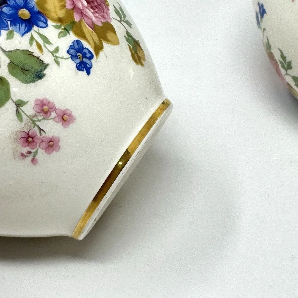 Old South Floral Bud Vase Pair White Ceramic Pink Blue Flowers Gold Trim